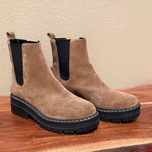 Marc Fisher Chelsea Lug-Sole Suede Ankle Boots in Tan